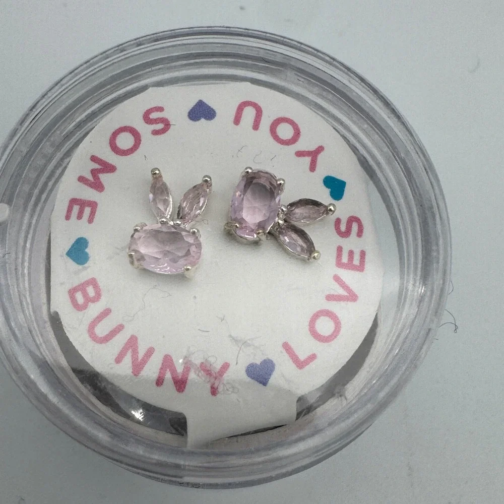 Pink Gemstone Bunny Rabbit Stud Earrings Silver Tone Easter Jewelry for Kids